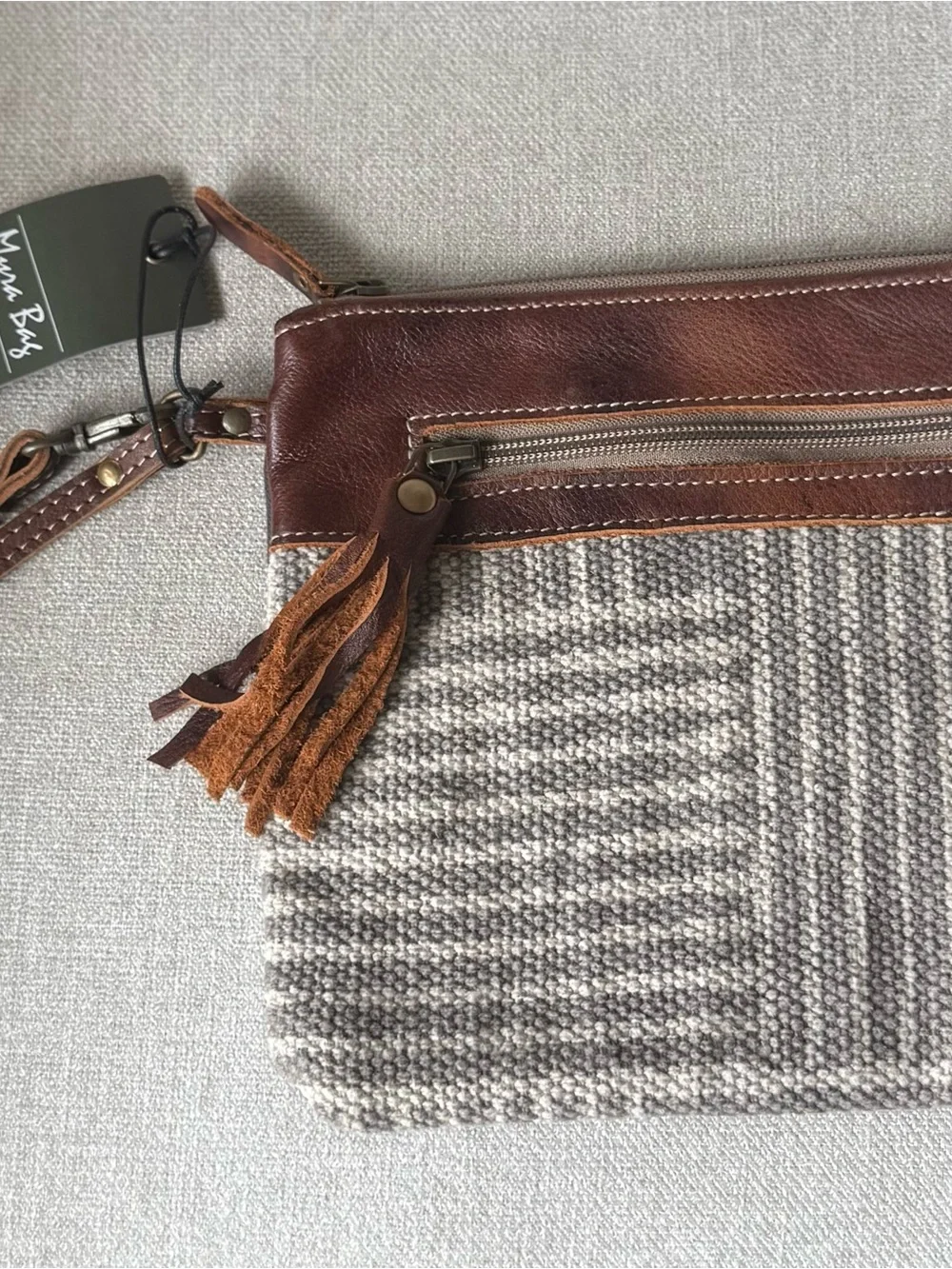 Myra Bag Brown Leather & Beige Gray Woven Wristlet Clutch with Tassel